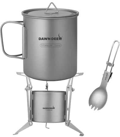 Dawn Deer Système de réchaud de randonnée en titane, tasse/réchaud à alcool portable/cuillère-fourchette pliable – 750 ml