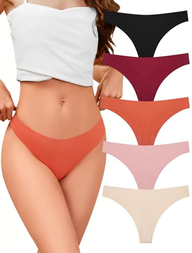 VOENXE Seamless Women Underwear Thongs,No Vpl Knickers,Invisible Ladies Pants Multipack,No Show Breathable Comfortable Panties,Female Gym String,Woman Seam Free Soft Workout Sports Comfy Tanga,5 Pack
