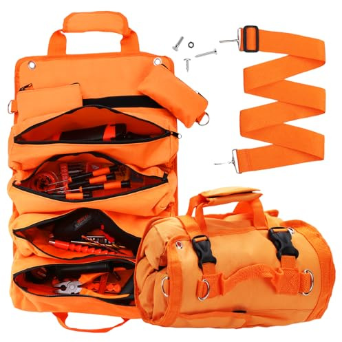 Werkzeug-Organizer-Tasche, faltbar, aufrollbar, strapazierfähig, mit 2 abnehmbaren Taschen, Werkzeugtasche, Geschenk für Väter, Männer, Geburtstag, Vatertag, Orange