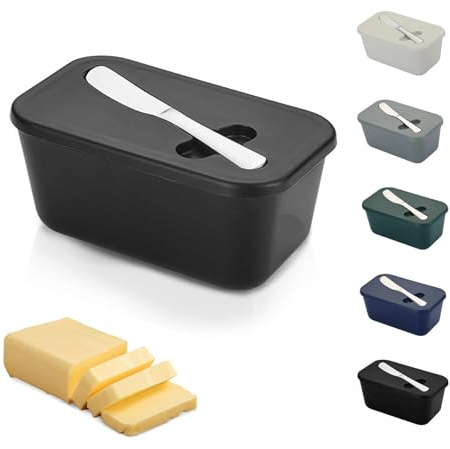 TRACOMPAN Beurrier avec couvercle et couteau – Beurrier en plastique incassable avec couteau à beurre, plateau léger pour un rangement sans odeur (passe au lave-vaisselle) (noir, taille M)