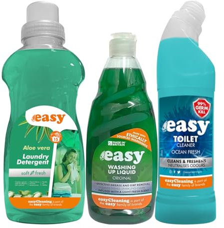 Easy 3 Piece Green Household Cleaning Products Bundle Giftset – Includes Eco-Friendly Laundry Detergent 750ml, Toilet Cleaner 750ml, Washing Up Liquid 550ml – Sustainable Cleaning