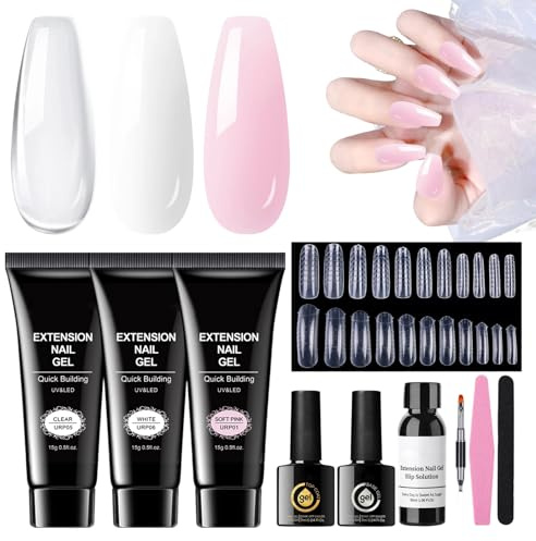 Set di estensioni per unghie in gel – Trasparente Bianco Rosa Kit per allungare le unghie, set di modellatori regolabili con colla adesiva accessorio per donne e ragazze Salon Art