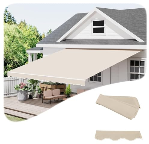 Markisenstoff Markise mit Volant (Ohne Rahmen), 2.0m 2.5m 3.0m 3.6m 4m 5m Ersatzstoff für einziehbare Terrassenmarkise, Sonnenschutz UV Schutz Balkon Markisenstoff(Beige,B300 x H250cm)