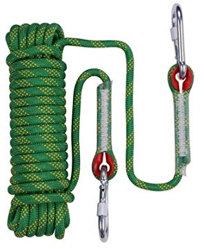 WOTZOV Kletterseil 14mm grünes statisches Bergsteigerseil, hochfestes reißfestes Nylonseil mit Doppelkarabiner 10M-100M,Green 30m