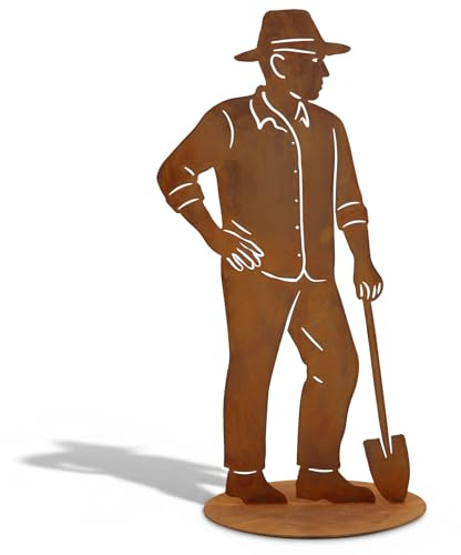 Rostikal Gärtner Figur Gartendeko 40 cm auf Bodenplatte -Balkon deko für Rost Gartenliebhaber - wetterfeste Garten Deko für Indoor und Outdoor aus Cortenstahl