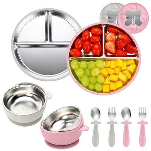 comeder Set per l'alimentazione del bambino in acciaio inossidabile, lavabili in lavastoviglie, piatti divisi per lo svezzamento a LED, per bambini da 6 a 12 mesi (set di 2)