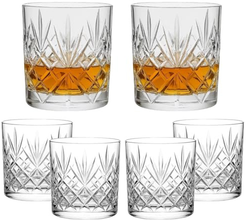 UNIQUE HOME LIVING Whiskey Glasses Set of 6 Vintage Whisky Tumblers 340ml Old Fashioned Drinking Glasses Clear Cut Glass Cups for Bourbon Brandy Rum Cocktail Glassware Barware Home Bar Party Men Gift