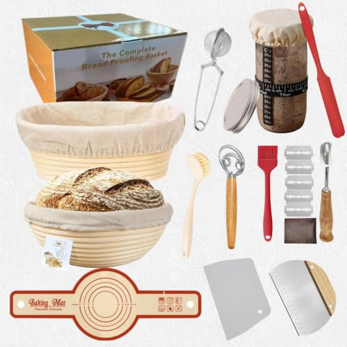 Bread Making Accessories 9Inch Round And 10Inch Oval Bread Proofing Basket Sourdough Starter Kit,sourdough Basket, Dough Whisk, Dough Scraper,Oil Brush