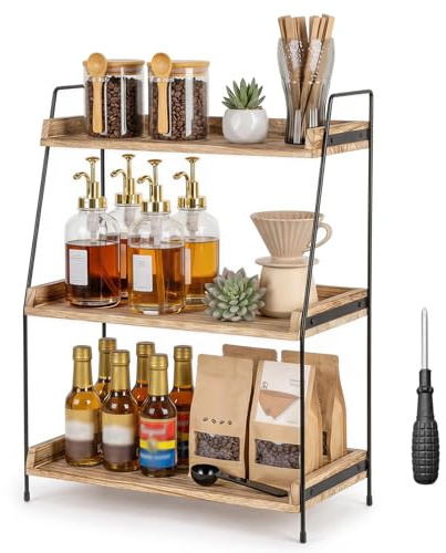 YancLife 3 Tier Coffee Station Organizer – Coffee and Tea Station Organizer Wooden Kitchen Storage & Organisation Sundry Organiser Counter Shelf with Screwdriver No Drilling for Kitchen, Home, Office