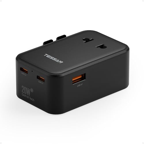 TESSAN Reiseadapter Weltweit PD 20W, Travel Adapter Worldwide, Schwarz | 2 USB C und 1 USB A, Reisestecker Adapter Weltweit, Internationaler Steckdosenadapter für England USA Japan Thailand