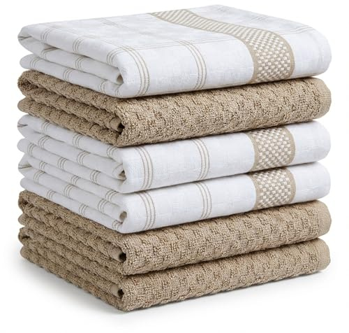 BOSKIMO Paños de Cocina Algodón Premium – Pack de 6 Trapos de Cocina Microfibra y Rizo, Trapos Cocina Algodón Absorbentes, Paños de Limpieza Tinto Beige