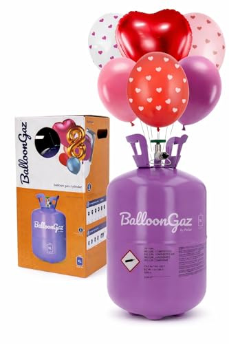 Botella de Helium para Globos XL - Hasta 50 Globos + 6 Globos Corazón Rojo Incluido (Látex & Aluminio) - Inflado Globos Flotantes Cumpleaños, Boda, Fiesta, San Valentín