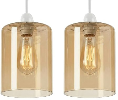2Pack Amber Glass Lamp Shade E27 Pendant Light Shade Ceiling Lampshade 10cm Diameter 12cm Height Vintage Cylinder Glass Light Shade Replacement for Hanging Light Kitchen Bedroom Living Room