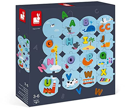 Janod Alphabet-Puzzle, 54 Teile aus Holz, Lernspiel, Lernen des Alphabets und des Schreibens, inklusive Poster, ab 3 Jahren, J02707