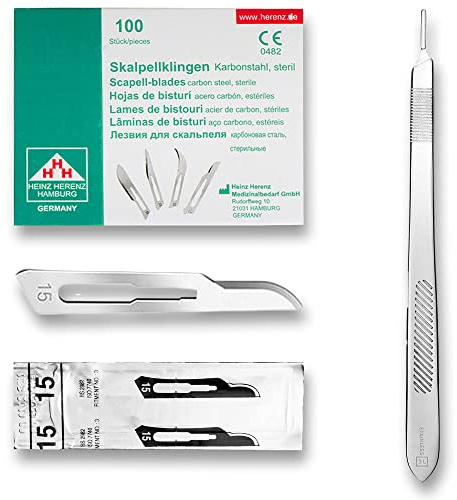 May 100x Skalpellklingen Fig. 15 & Halter 21cm Edelstahl | 100 sterile Skalpellklingen (Figur 15) inkl. 21 cm langem Edelstahl-Halter. Ideal für Podologen