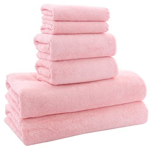 MOONQUEEN Ultra Soft Towel Set - Quick Drying - 2 Bath Towels 2 Hand Towels 2 Washcloths - Microfiber Coral Velvet Highly Absorbent Towel for Fitness, Bathroom, Sports, Yoga, Travel (Pink, 6 Pcs)