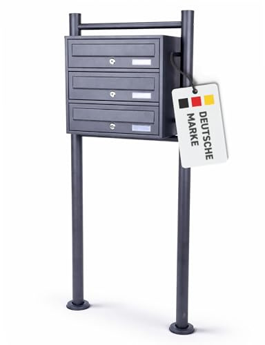 Rapid Teck® 3er Briefkastenanlage | 1x3 Fächer Briefkasten Anthrazit mit Namensschild | Edelstahl Postkasten | Dunkel Grau | Briefkasten Edelstahl Mehrfamilienhaus