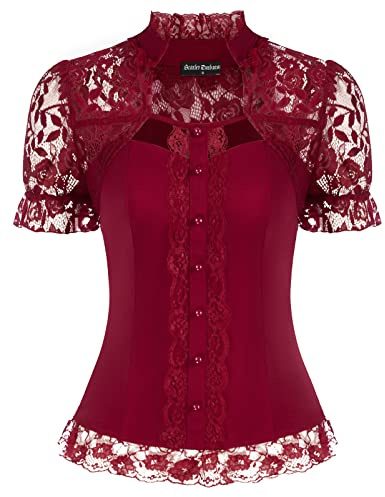 SCARLET DARKNESS Manches Courts Chemiser Femme Vintage Victorienne Blouse pour Femme Haut Rétro Elégante Casual L Vin Rouge SL33S21-2