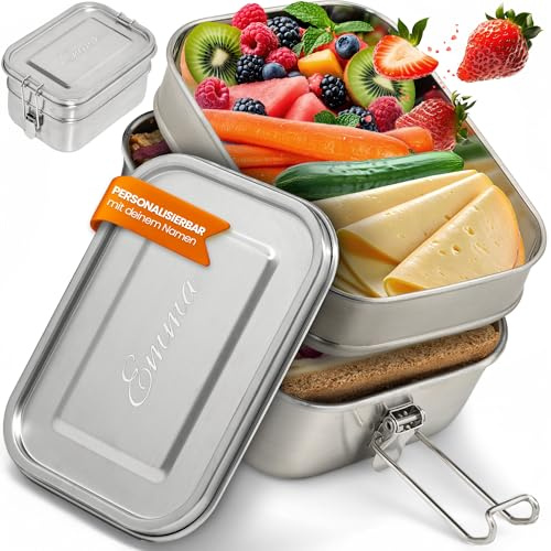 LOOXIS Personalisierte Lunchbox aus Edelstahl mit Namen & Text graviert – 1960 ml, inkl. Abtrennung, Auslaufsicher, 2. Ebene, Bento-Box – Geschenkidee Kinder, Einschulung, Arbeit – L, Doppeldecker