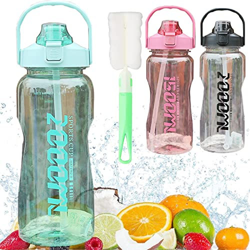 quancifang Wasserflasche 2L Trinkflasche mit Strohhalm und Flaschenbürste Frei Sportflasche, Auslaufsicher Fahrradflasche für Gym Camping Fitness Outdoor Radfahren Schule Pure Grün 2 liter