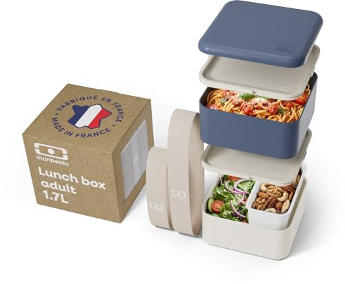 monbento - Gross Bento Box MB Square Natural mit Fächern Made in France - Auslaufsicher Lunchbox Perfekt für Büro/Meal Prep/Schule - BPA Frei - Lebensmittelecht - Natur Muster - Blau