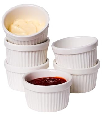 Ramequines de porcelana de 2.5 onzas para soufflé, crema brulee, pudín, tazas de natillas, juego de cuencos para hornear, aptos para horno, color blanco, 2.5 pulgadas