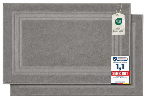 Komfortec 2er Badvorleger aus 100% Baumwolle, 600 GSM Duschvorleger | Waschbar, Badteppich, Saugfähig, Frottee, 50x70 cm, Hellgrau