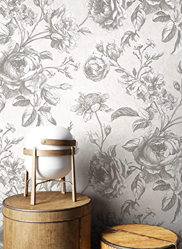 Newroom Carta da Parati Grigia Floreale Rose Camera da Letto | fiori disegnati in stile incisione a bulino, effetto 3D leggero, sfondo cangiante, tessuto non tessuto per soggiorno