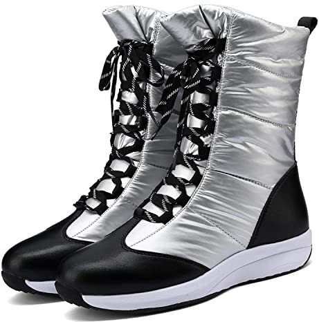 WOkismD Damen Sexy Schnürstiefel Plattform Flache Stiefeletten Runde Zehe Herbst Winter warme Daunen Schneestiefel Outdoor täglich Mid Calf Boot,Silber,39