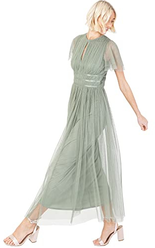 Ladies Midaxi Dress for Women High Waist Keyhole Short Flutter Sleeve Crew Neckline for Wedding Guest Bridesmaids Prom