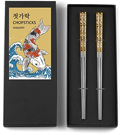Carp Gold Wiederverwendbare Essstäbchen Quadratisch Metall Edelstahl 316 18/10 Rutschfest Spülmaschinenfest Entworfen im koreanischen japanischen Stil (Gold - 2 Paar)