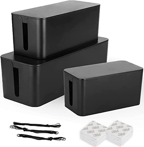 SENENQU 3er-Set Kabelbox Schwarz, Große Kabel Organizer Box mit Holzdeckel für Kabel, Große und Kleine Kabelmanagement Box Adapter, Steckerleisten, Kabel Verstecken Box