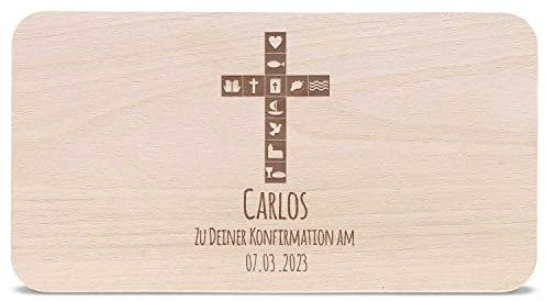 GRAVURZEILE Frühstücksbrettchen Brotzeitbrett mit Gravur - Konfirmation Kommunion Kreuz - Personalisiert mit Namen - Geschenkidee zur Firmung für Mädchen & Jungen - 100% Buchenholz