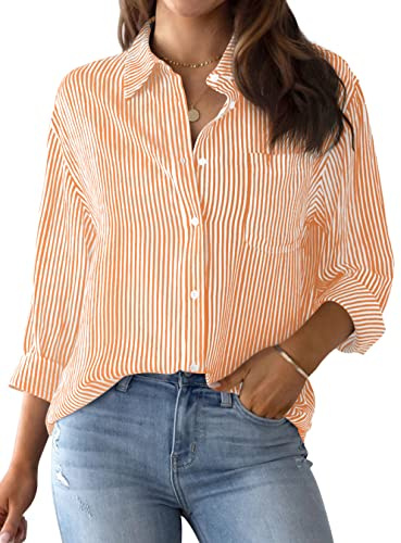 NONSAR Blusa Elegante de Mujer,de Manga Larga, a Rayas, con Botones, Informal, para Oficina, Trabajo, de algodón