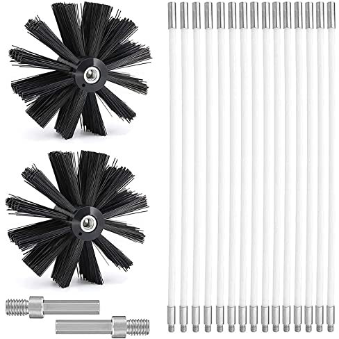 Kaminbürste Stange Set, Durchmesser 150mm Ofenrohrbürste, Schornsteinbürste Trockenrohr Kaminreinigungsstab Reinigungsbürste Kaminbürste enthält 15 Flexible Stangen 410mm, 2 Bürstenkopf Holzofen