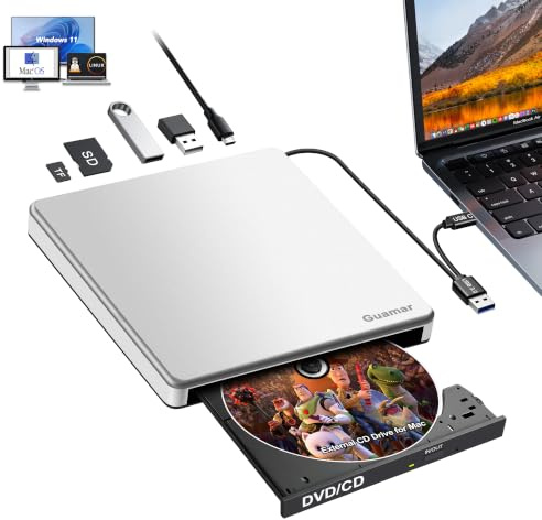 Guamar External CD Drive for Mac: Portable DVD Burner Player for Laptop PC Windows 11 with SD/TF Slot 2 USB Ports - USB-C Superdrive for Apple MacBook Plug & Play (Silver)