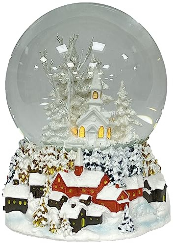 Ashfield & Harkness Winterland Church Decorative Snow Globe with Wind Up Music Box and LED Battery Operated Light