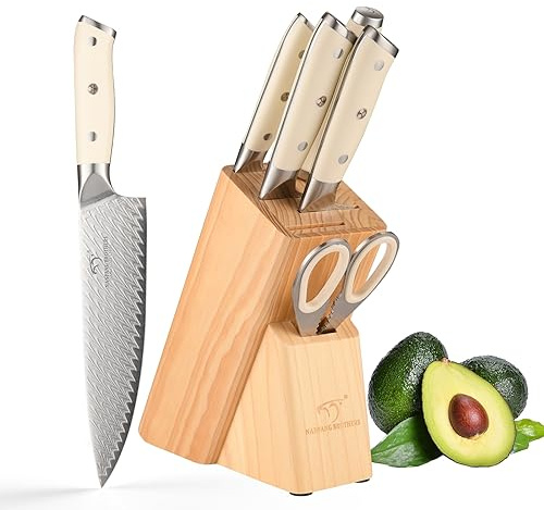 NANFANG BROTHERS Profimesser Damaskus Messerblock Holz Set 6er Damastmesser küchenmesser Kochmesser-Set Aus Edelstahl,Messerblock mit Scharfe Messer