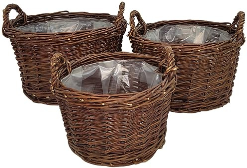 weeco Lot de 3 Cache-Pots en Osier pour Pots de Fleurs - Paniers en Osier avec écorce - Cache-Pot tressé - Pot de Fleurs Ovale pour Fleurs, Plantes, Panier Naturel