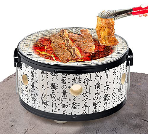 RajoNN Holzkohlegrill aus Ton im japanischen Stil, Grillofen, Barbecue Smoker Holzkohlegrill, mit Holzschale und Edelstahlnetz, für tragbaren Grill auf Reisen