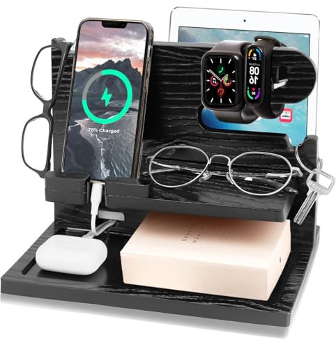 Handy Holz Dockingstation, Anruf Telefon Dockingstation, Schlüsselhalter, Uhr Organiser, hölzerne Desktop Storage Station für Airpods, Geschenk für Papa, Mann, Weihnachten, Workaholics (schwarz 2)