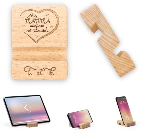 NM Idee Regalo Porta Cellulare in Legno – Porta Telefono e Tablet da Tavolo con Incisione Laser – Idea Regalo Festa della Mamma, Compleanno o Natale – Doppia Scanalatura da scrivania per iPhone e ipad