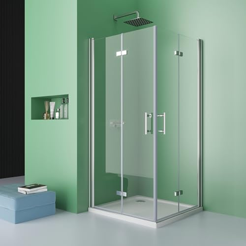 DOOLEEWEE Duschkabine Eckeinstieg 75x100cm Höhe 195cm Doppel Falttüren Duschtüren 180° Dusche Falttür Duschwand Duschabtrennung aus 6mm Gehärtetes Nano-Glas, Ohne Duschwanne