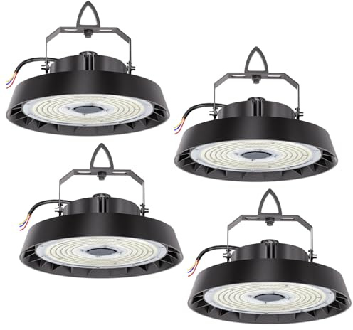 4pcs UFO LED Lámpara Alta Bahía 150W 25500lm, Focos LED Industrial 5000K Blanco Frío, 90° Angle Taller Lámpara, IP65 Impermeable UFO Highbay lamp para Garaje/Fábrica/Almacén/Estadios Deportivos