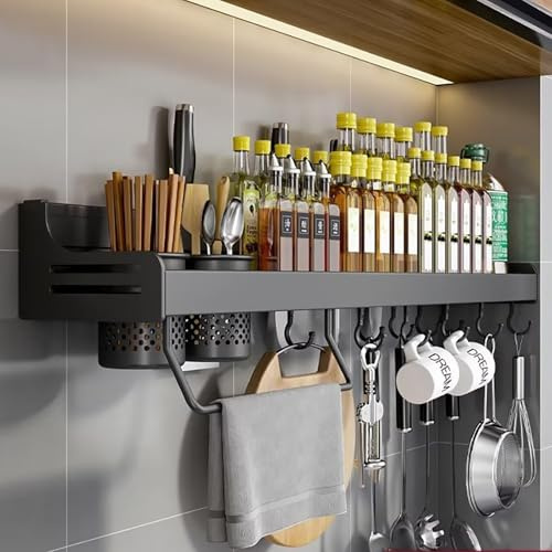 ZOKT Spice Rack Organiser, Spice Racks Wall Mounted, With Adhesive Stickers Kitchen Spice Organiser, Wall Mounted Spice Rack is Suitable for Ceramic tile Wall, Glass, Black 80cm.