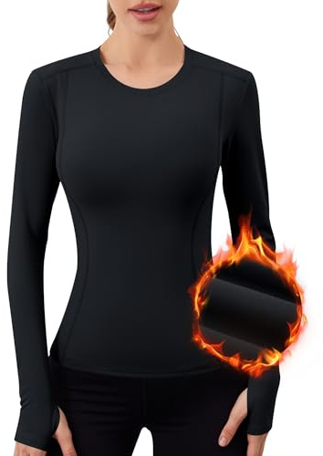 IECCP Thermoshirt Damen Langarm Kompressions Oberteil atmungsaktive Thermo Langarmshirt Fleece Laufshirt Thermounterwäsche mit Daumenlöcher für Wärme Schwarz M