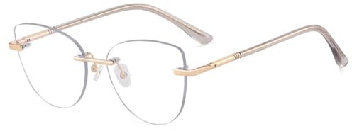 WNCKSQ Randlose Brille aus Metall für Damen, klare Gläser, Katzenaugen-Brillengestell, modisches Damen-Accessoire in Leopardenmuster, gold-graues Gestell