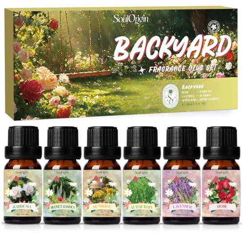SoulOrigin Juego de aceites esenciales para patio trasero, juego de aceites aromáticos para difusor de aceite, aceites aromáticos para fabricación de velas de jabón, 6 x 10 ml, Gardenia, rosa,