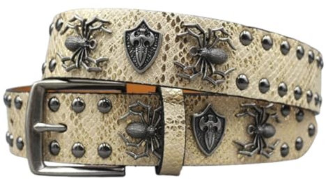 AGUTALITHIC Nietengürtel Gürtel Mit Spinne Und Rundnieten Im Punk Goth Style,Glänzendes Ledergürtel Für Damen Und Herren Gothic Kleidung Zubehör(105cm/41, Gold)