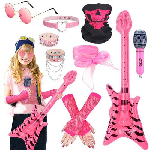 ViEinkaufen 10 Pcs Rock Star Fancy Dress Kids Set,Rockstar Costume Set Heavy Metal Collar Bracelets Bandana Inflatable Guitar,Punk Accessories for Carnival 80s Disco Party